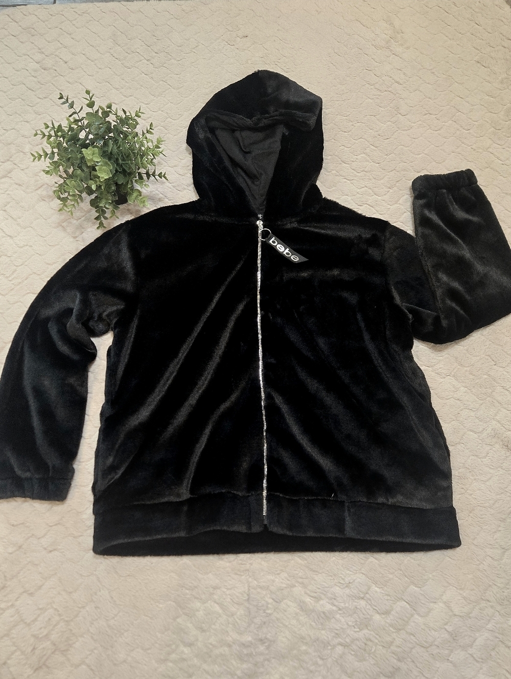 Bebe Sport Black Plush, Velvet Full-Zip Hoodie Jacket, Size X-Large